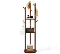 COSTWAY 360° Rotating Coat Rack, Freestanding Coat Stand Clothes Hat Hanger with 3 Storage Shelves and 9 Hooks, Solid Wood Display Hall Tree Organiser Unit for Hallway Entryway Bedroom, 167cm