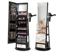 COSTWAY 360° Swivel Jewellery Cabinet, LED Lights Lockable Jewelry Armoire with Full Length Mirror, Large Storage, Hairdryer Mount & Rear Shelves, Freestanding Jewellery Organiser Unit (Black)