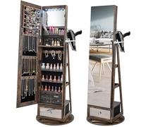 COSTWAY 360° Swivel Jewellery Cabinet, LED Lights Lockable Jewelry Armoire with Full Length Mirror, Large Storage, Hairdryer Mount & Rear Shelves, Freestanding Jewellery Organiser Unit (Rustic Brown)