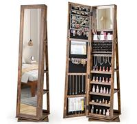 COSTWAY 360° Swivel Jewellery Cabinet, Lockable Jewelry Armoire with Full Length Mirror, Large Storage and Makeup Mirror, Freestanding Cosmetics Jewellery Organiser Unit for Bedroom (Rustic Brown)