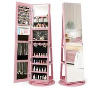 COSTWAY 360° Swivel Jewelry Cabinet, Lockable Jewelry Armoire Storage Unit with Full-Length Mirror & 3-Color Auto-on LED Lights, Home Bedroom Dressing Room Cosmetics Jewellery Organiser (Pink)