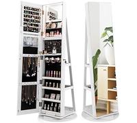 COSTWAY 360°Swivel Jewelry Cabinet, Lockable Jewelry Armoire Storage Unit with Full-Length Mirror & 3-Color Auto-on LED Lights, Home Bedroom Dressing Room Cosmetics Jewellery Organiser (White)