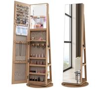 COSTWAY 360° Swivel Jewelry Cabinet, Lockable Jewelry Armoire Storage Unit with Full-Length Mirror & 3-Color Auto-on LED Lights, Home Bedroom Dressing Room Cosmetics Jewellery Organiser (Natural)