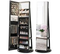 COSTWAY 360° Swivel Jewelry Cabinet, Lockable Jewelry Armoire Storage Unit with Full-Length Mirror & 3-Color Auto-on LED Lights, Home Bedroom Dressing Room Cosmetics Jewellery Organiser (Black)