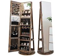 COSTWAY 360°Swivel Jewelry Cabinet, Lockable Jewelry Armoire Storage Unit with Full-Length Mirror & 3-Color Auto-on LED Lights, Home Bedroom Dressing Room Cosmetics Jewellery Organiser (Rustic Brown)