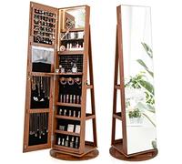 COSTWAY 360° Swivel Jewelry Cabinet, Lockable Jewelry Armoire Storage Unit with Full-Length Mirror & 3-Color Auto-on LED Lights, Home Bedroom Dressing Room Cosmetics Jewellery Organiser (Brown)