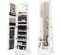 Costway 360 Swivel Jewelry Cabinet Lockable Jewelry Makeup Armoire w/ LED Lights in White COSTWAY White