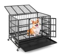 COSTWAY 38''/48'' Heavy Duty Dog Crate, Foldable Dog Cage on Wheels with Removable Tray, Double Doors, Metal Puppy Kennel for Small, Medium and Large Dogs