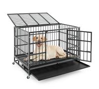COSTWAY 38''/48'' Heavy Duty Dog Crate, Foldable Dog Cage on Wheels with Removable Tray, Double Doors, Metal Puppy Kennel for Small, Medium and Large Dogs