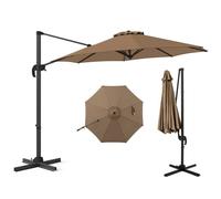 COSTWAY 3M/3.3M Garden Cantilever Parasol, Outdoor Offset Banana Hanging Umbrella with 5 Adjustable Tilt, 360° Rotation and Cross-shaped Base, 8-Rib Sun Shade Canopy (Brown, 3M)