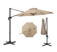 COSTWAY 3M/3.3M Garden Cantilever Parasol, Outdoor Offset Banana Hanging Umbrella with 5 Adjustable Tilt, 360° Rotation and Cross-shaped Base, 8-Rib Sun Shade Canopy (Beige, 3M)