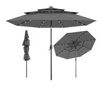 COSTWAY 3M 3-Tier Garden Parasol, Heavy Duty 8-Ribs Solar Patio Umbrella with 32 LED Lights, Crank Handle & Tilt Function, Outdoor UV Protective Canopy Sun Shade (Gray, no Ruffled Edge)