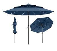 COSTWAY 3M 3-Tier Garden Parasol, Heavy Duty 8-Ribs Solar Patio Umbrella with 32 LED Lights, Crank Handle & Tilt Function, Outdoor UV Protective Canopy Sun Shade (Navy, no Ruffled Edge)