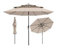 COSTWAY 3M 3-Tier Garden Parasol, Heavy Duty 8-Ribs Solar Patio Umbrella with 32 LED Lights, Crank Handle & Tilt Function, Outdoor UV Protective Canopy Sun Shade (Beige, no Ruffled Edge)