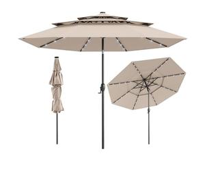 COSTWAY 3M 3-Tier Garden Parasol, Heavy Duty 8-Ribs Solar Patio Umbrella with 32 LED Lights, Crank Handle & Tilt Function, Outdoor UV Protective Canopy Sun Shade (Beige, no Ruffled Edge)