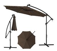 COSTWAY 3M Cantilever Garden Parasol with Solar-Powered 112 LED Lights, Offset Banana Umbrella with Tilted Design, Crank Handle & Cross Base, Outdoor Hanging Sun Shade for Patio Market (Brown)