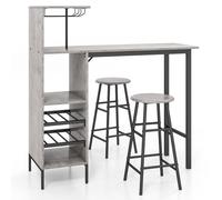 Costway 3PCS Bar Table & 2 Stool Industrial Kitchen Dining Set W/ Wine Rack Glass Holder in Grey COSTWAY Grey