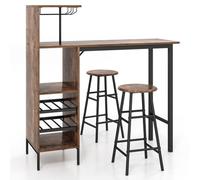 Costway 3Pcs Bar Table Chair Set Industrial Dining Table Stools W/ Glass Holders & Wine Racks