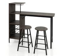 Costway 3Pcs Bar Table Chair Set Industrial Dining Table Stools W/ Glass Holders & Wine Racks