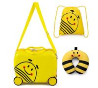 COSTWAY 3PCS Kids Luggage Set, Children Backpack and Ride-on Suitcase | with Neck Pillow, Detachable Pull Cord, Travel School Trolley 16" Hardshell Case for Boys Girls