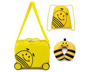 COSTWAY 3PCS Kids Luggage Set, Children Backpack and Ride-on Suitcase | with Neck Pillow, Detachable Pull Cord, Travel School Trolley 16" Hardshell Case for Boys Girls