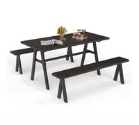 Costway 3Pcs Outdoor Picnic Table & Benches Set w/ 49MM Umbrella Hole in Brown COSTWAY Brown