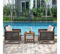 Costway 3Pcs Patio Furniture Set Outdoor Garden Wood Coffee Table & 2 Pe Rattan Chairs