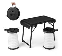 Costway 3Piece Folding Table Stool Set w/ a Camping Table & 2 Retractable LED Stools in Black COSTWAY Black