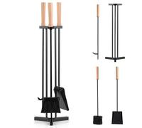 COSTWAY 4/5 Piece Fire Tools Set, Iron Fireplace Fireside Companion Brush, Poker, Shovel and Tong, Perfect for All Rooms Fire Place (4 Pieces, No Tong, Triangle Base, Black+Natural)