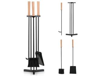COSTWAY 4/5 Piece Fire Tools Set, Iron Fireplace Fireside Companion Brush, Poker, Shovel and Tong, Perfect for All Rooms Fire Place (4 Pieces, No Tong, Triangle Base, Black+Natural)