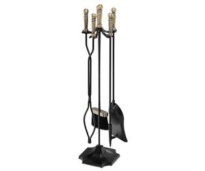 COSTWAY 4/5 Piece Fire Tools Set, Iron Fireplace Fireside Companion Brush, Poker, Shovel and Tong, Perfect for All Rooms Fire Place (5 Pieces, Octagonal Base, Black+Bronze)
