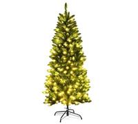 COSTWAY 4.5FT/5FT/6FT/6.5FT/7.5FT Pre-lit Slim Christmas Tree, Hinged Pencil Xmas Tree with Warm LED Lights, Foldable Metal Stand & Superior PVC Leaves, Holiday Decoration for Home and Shops(6FT)