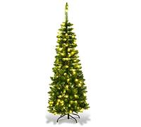 COSTWAY 4.5FT/5FT/6FT/6.5FT/7.5FT Pre-lit Slim Christmas Tree, Hinged Pencil Xmas Tree with Warm LED Lights, Foldable Metal Stand & Superior PVC Leaves, Holiday Decoration for Home and Shops(6.5FT)