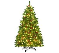 COSTWAY 4.5FT/5FT Pre-Lit Artificial Christmas Tree, Hinged Xmas Tree with Branch Tips, LED lights, Pine Cones & Red Berries, Christmas Decor for Holiday Home Office (Warm White Lights, 135 cm)