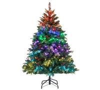COSTWAY 4.5FT/5FT Pre-Lit Artificial Christmas Tree, Hinged Xmas Tree with Branch Tips, LED lights, Pine Cones & Red Berries, Christmas Decor for Holiday Home Office (Colorful Lights, 150 cm)