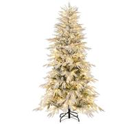 COSTWAY 4.5FT/6FT/6.3FT Snow Flocked Christmas Tree, Hinged Pre-lit Artificial Xmas Tree with Branch Tips and Warm White LED Lights, Holiday Decoration Tree (6FT)