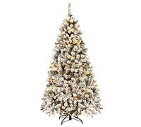 COSTWAY 4.5FT/6FT Flocked Christmas Tree, Pre-Lit Artificial Decoration Tree with 295/600 PVC Branch Tips and 150/250 LED Lights, Hinged Holiday Celebration Tree for Home, School and Carnival (6FT)