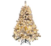 COSTWAY 4.5FT/6FT Flocked Christmas Tree, Pre-Lit Artificial Decoration Tree with 295/600 PVC Branch Tips and 150/250 LED Lights, Hinged Holiday Celebration Tree for Home, School and Carnival (4.5FT)