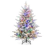 COSTWAY 4.5FT/6FT Pre-lit Artificial Christmas Tree, Snow Flocked Full Xmas Tree with PVC & PE Tips, 160/260 Multicolored LED Lights and 8 Lighting Modes, Lighted Hinged Tree for Home Holiday (4.5FT)