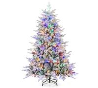 COSTWAY 4.5FT/6FT Pre-lit Artificial Christmas Tree, Snow Flocked Full Xmas Tree with PVC & PE Tips, 160/260 Multicolored LED Lights and 8 Lighting Modes, Lighted Hinged Tree for Home Holiday (6FT)