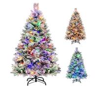 COSTWAY 4.5ft/6ft Pre-Lit Snow Flocked Christmas Tree, Hinged Artificial Xmas Tree with LED Lights, Branch Tips, Seasonal Decoration Tree for Holiday Party (136 cm)