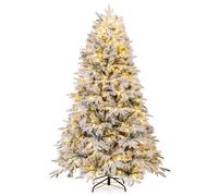COSTWAY 4.5ft/6ft Pre-Lit Snow Flocked Christmas Tree, Hinged Artificial Xmas Tree with LED Lights, Branch Tips, Seasonal Decoration Tree for Holiday Party (180 cm)