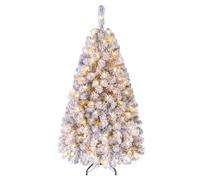 COSTWAY 4.5FT Flocked Christmas Tree, Pre-Lit Artificial Decoration Tree with 295 PVC Branch Tips and 150 LED Lights, Hinged Holiday Celebration Tree for Home, School and Carnival (4.5FT)