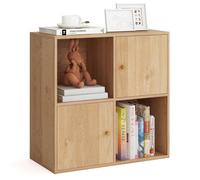 Costway 4-Cube Bookcase 3-Tier Bookshelf Storage Organizer W/2 Cabinets-Natural