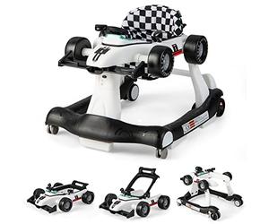 COSTWAY 4-in-1 Baby Walker, Foldable Push Along Walkers with Adjustable Height & Speed, Music, Lights, Steering Wheel, Toddler First Steps Early Development Toy, Ages 6-18 Months (White)