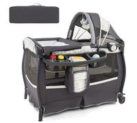 COSTWAY 4 in 1 Foldable Travel Cot, Portable Baby Bed Playard with Bassinet, Changing Table, Canopy, Music Box, Wheels, Carry Bag, Storage Rack, Nursery Center for Newborn Toddlers (Dark Gray+Leaves)