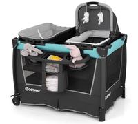 COSTWAY 4 in 1 Foldable Travel Cot, Portable Baby Bed Playard with Bassinet, Changing Table, Cradle, Wheels and Carry Bag, Nursery Center for Boys and Girls (Mint Green)