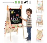 COSTWAY 4 in 1 Kids Easel, Double-Sided Chalkboard and Magnetic Whiteboard with Paper Roll, Marble Run Side, Storage Tray, Height Adjustable Children Art Easels for Girls Boys