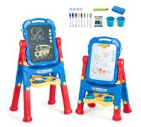 COSTWAY 4-in-1 Kids Easel with Magnetic Whiteboard (Blue+Red) | Chalkboard, 22 Accessories, Storage Tray, Height Adjustable & 360° Rotatable Double Sided Easel for Boys Girls