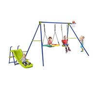 COSTWAY 4-in-1 Kids Swing Set, Metal Swing Stand with Double Swings, Basketball Hoop, Slide, Ladder, Children Backyard Playground Equipment for Garden Yard